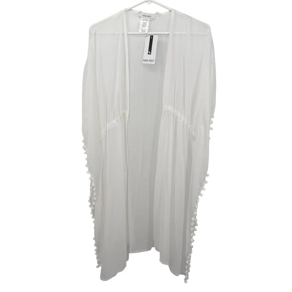 NWT Nine West Womens O/S Kimono Coverup White Pom Pom Trim‎